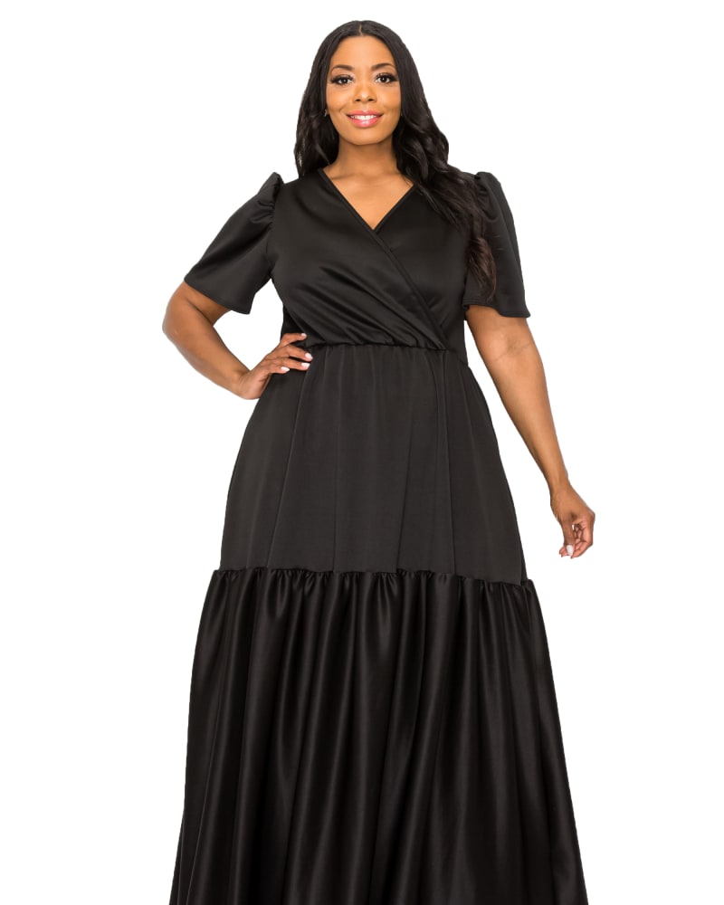 Front of a model wearing a size 2X Joli Surplice Neck Dress in Black by L I V D. | dia_product_style_image_id:284732